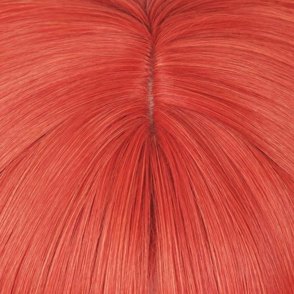 Close‑up top view of red cosplay wig, synthetic fiber scalp detail for Honkai Star Rail costume wig
