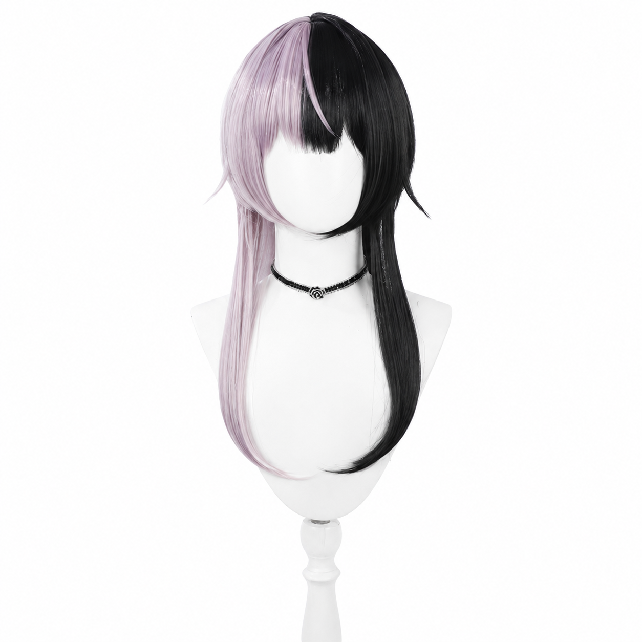 45‑degree angle shot, black and lavender split‑color VTuber cosplay wig