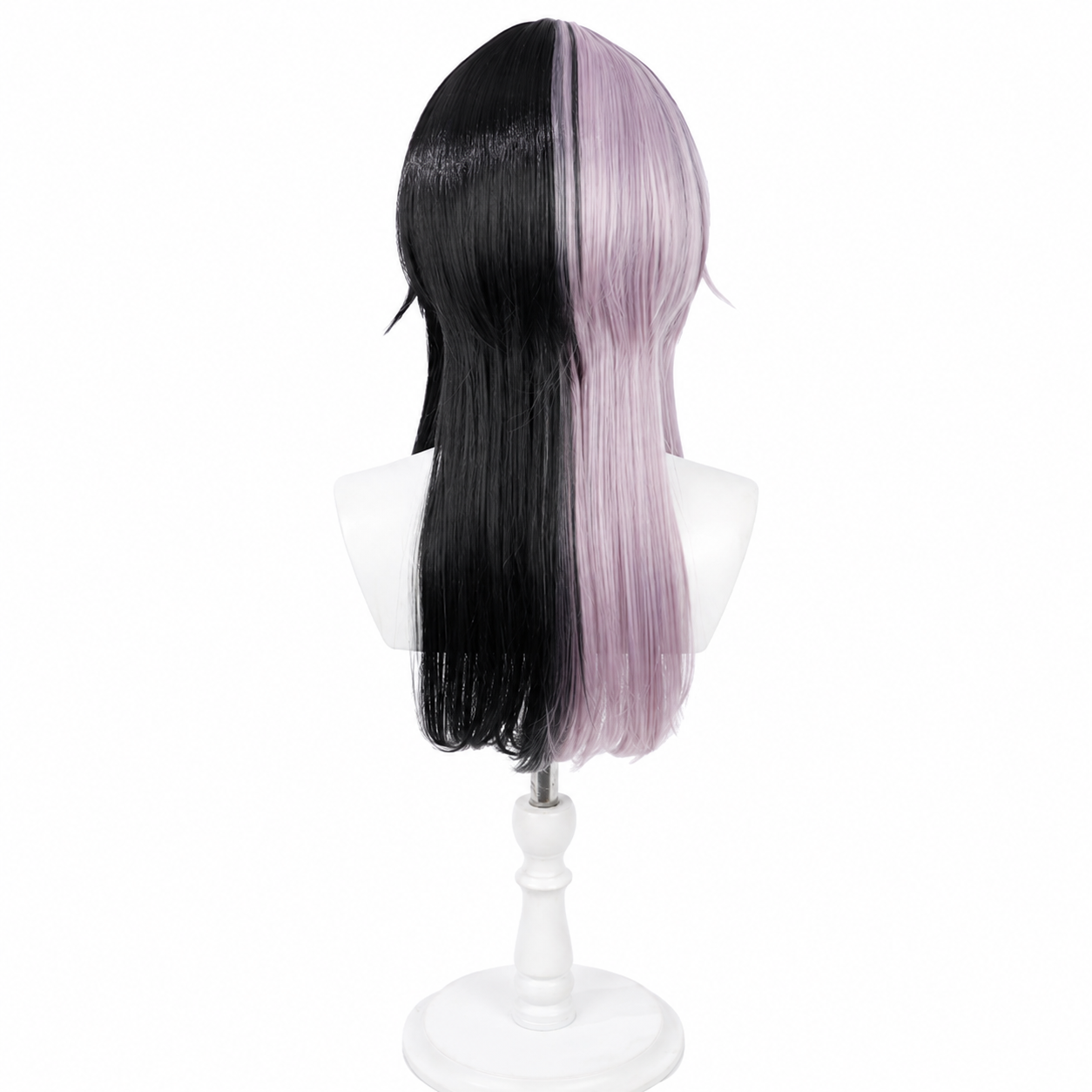 Back view, black lavender half‑and‑half medium long cosplay wig