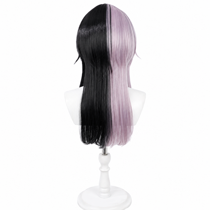 Back view, black lavender half‑and‑half medium long cosplay wig