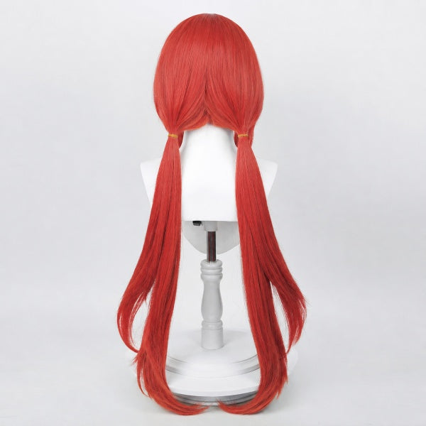 Back view bright red long pigtails cosplay wig, pre‑styled twin tails with yellow hair ties for game character