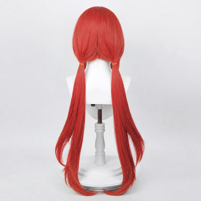 Back view bright red long pigtails cosplay wig, pre‑styled twin tails with yellow hair ties for game character
