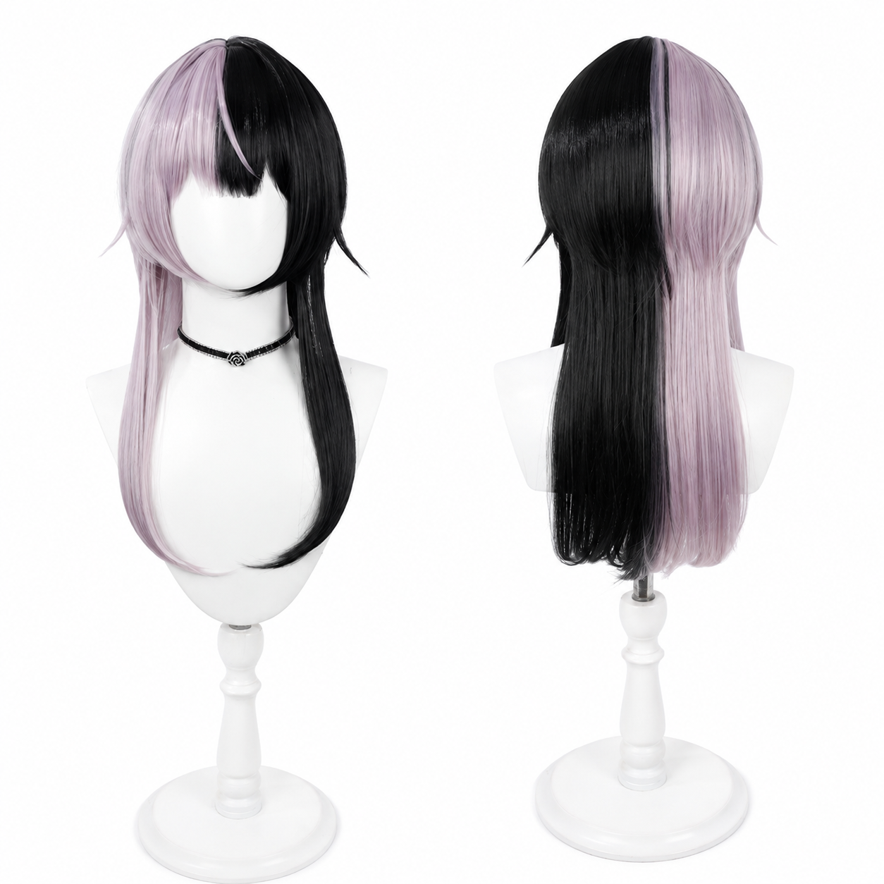 Black lavender split‑color medium long cosplay wig front and back view, heat resistant synthetic VTuber costume wig