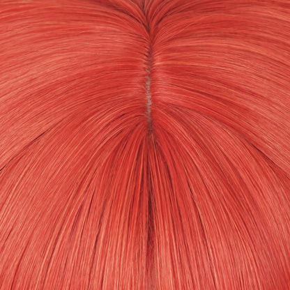Close‑up top view of red cosplay wig, synthetic fiber scalp detail for Honkai Star Rail costume wig
