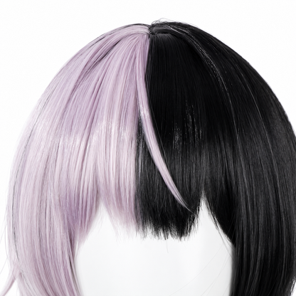 Close‑up top view, split‑color black lavender cos wig bangs and hair parting
