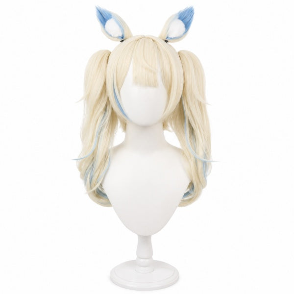 Front view Rua Abysgard cosplay wig, long wavy blonde‑blue highlight twin tails, pre‑styled synthetic cos wig for costume and convention events