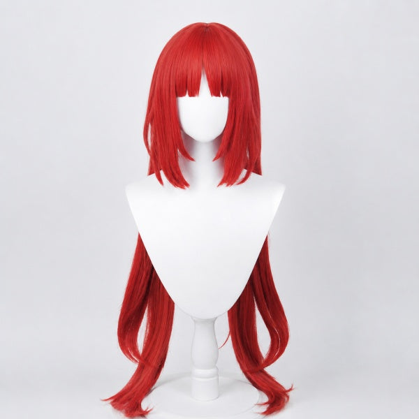 Front view red long twin tails cosplay wig with bangs, ready‑to‑wear synthetic wig for game cosplay