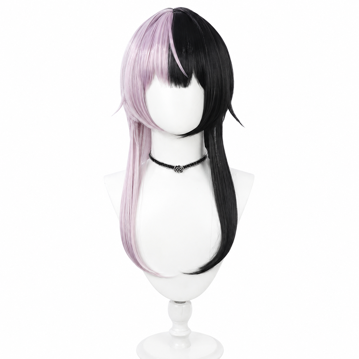 Half black half lavender split color cosplay wig, medium long layered VTuber wig on mannequin head