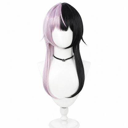 Half black half lavender split color cosplay wig, medium long layered VTuber wig on mannequin head