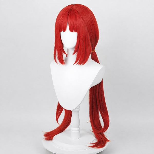 Honkai Star Rail long red twin tails cosplay wig 45‑degree side view, heat resistant synthetic anime wig on mannequin bust