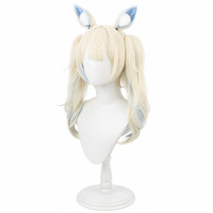 Profile side shot Rua Abysgard cosplay wig, showing wavy curl texture, blonde‑blue mixed‑color twin tails on white mannequin bust