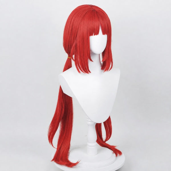 Profile side view Honkai Star Rail red twin tails cosplay wig, show pigtail shape and bangs details