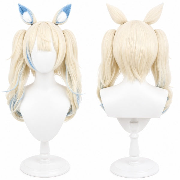 Rua Abysgard V‑Streamer cosplay wig, front‑back dual view, long wavy blonde‑blue mixed color twin tails, heat‑resistant synthetic wig displayed on mannequin bust