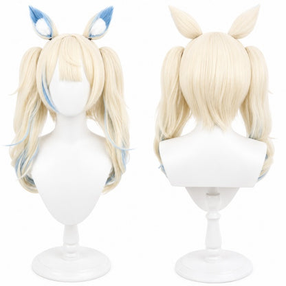 Rua Abysgard V‑Streamer cosplay wig, front‑back dual view, long wavy blonde‑blue mixed color twin tails, heat‑resistant synthetic wig displayed on mannequin bust
