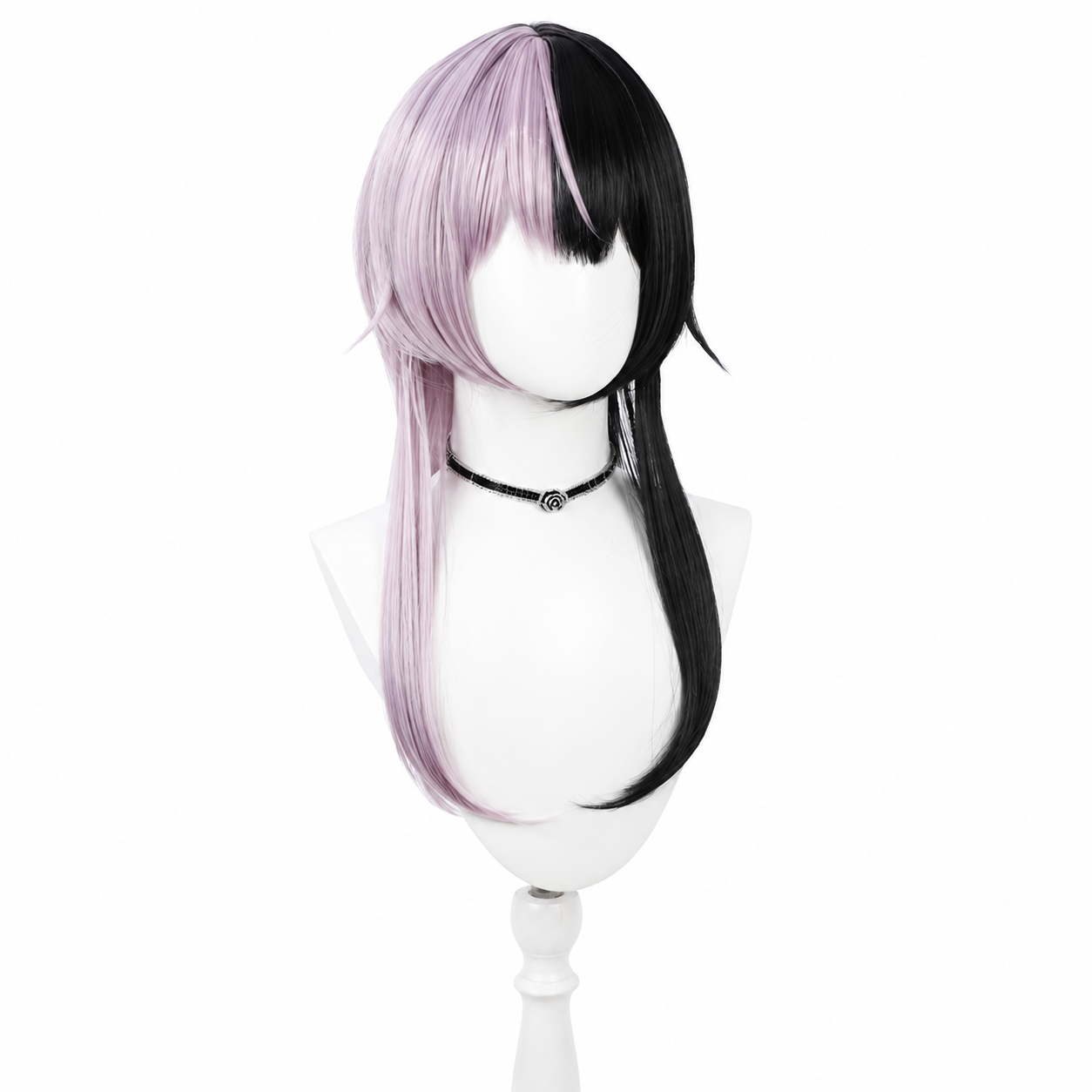 Side view of black lavender split cos wig, layered medium‑length synthetic costume wig