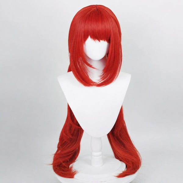 Three‑quarter angle shot bright red twin tail cosplay wig, full length display on white mannequin bust