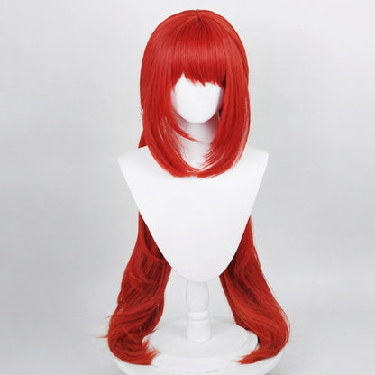 Three‑quarter angle shot bright red twin tail cosplay wig, full length display on white mannequin bust