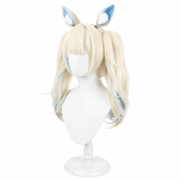 Three‑quarter side view Rua Abysgard V‑Streamer cos wig, wavy blonde‑blue mixed twin tails, heat‑resistant fiber cosplay wig display