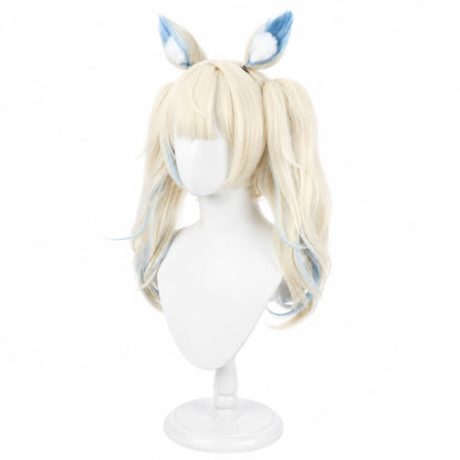 Three‑quarter side view Rua Abysgard V‑Streamer cos wig, wavy blonde‑blue mixed twin tails, heat‑resistant fiber cosplay wig display